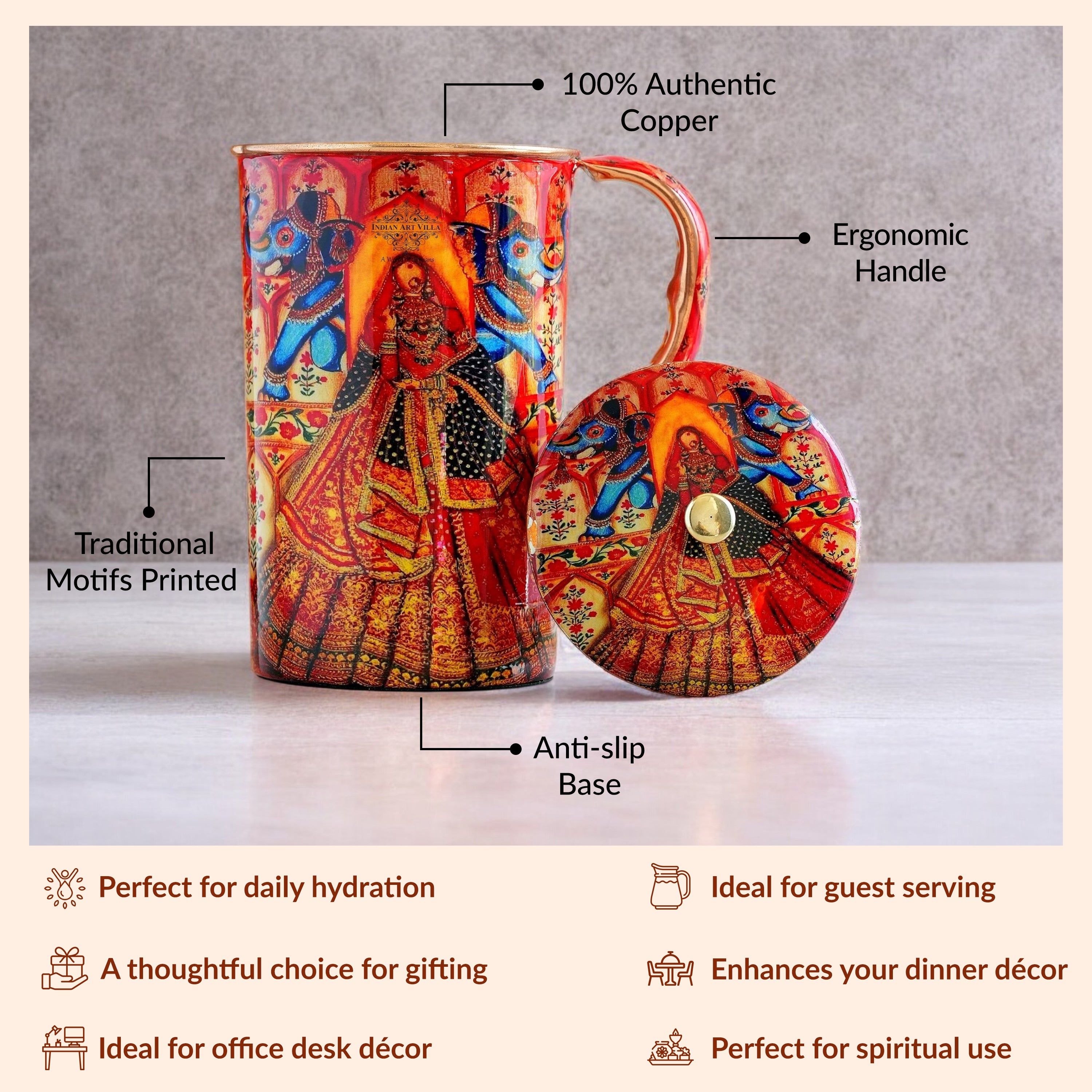 Pure copper printed jug padharo mhare desh design royalqueen, 2000 ML